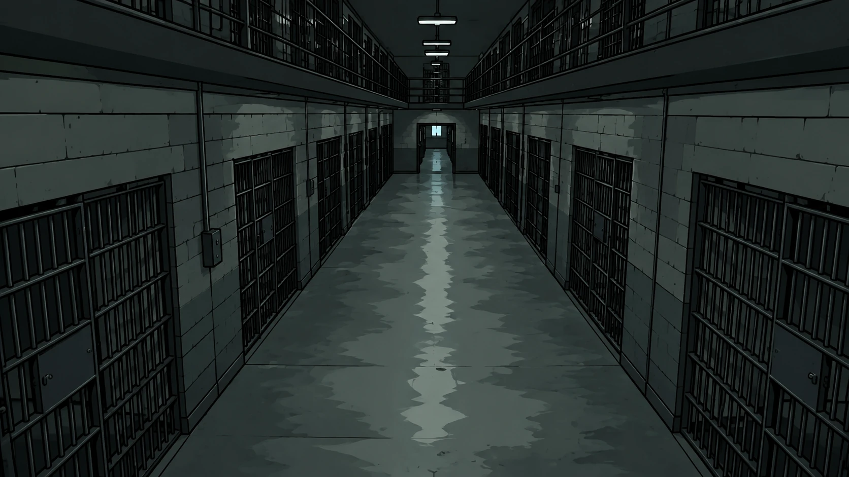 An illustrated prison corridor with barred cells and cold fluorescent lights stretching into the distance.