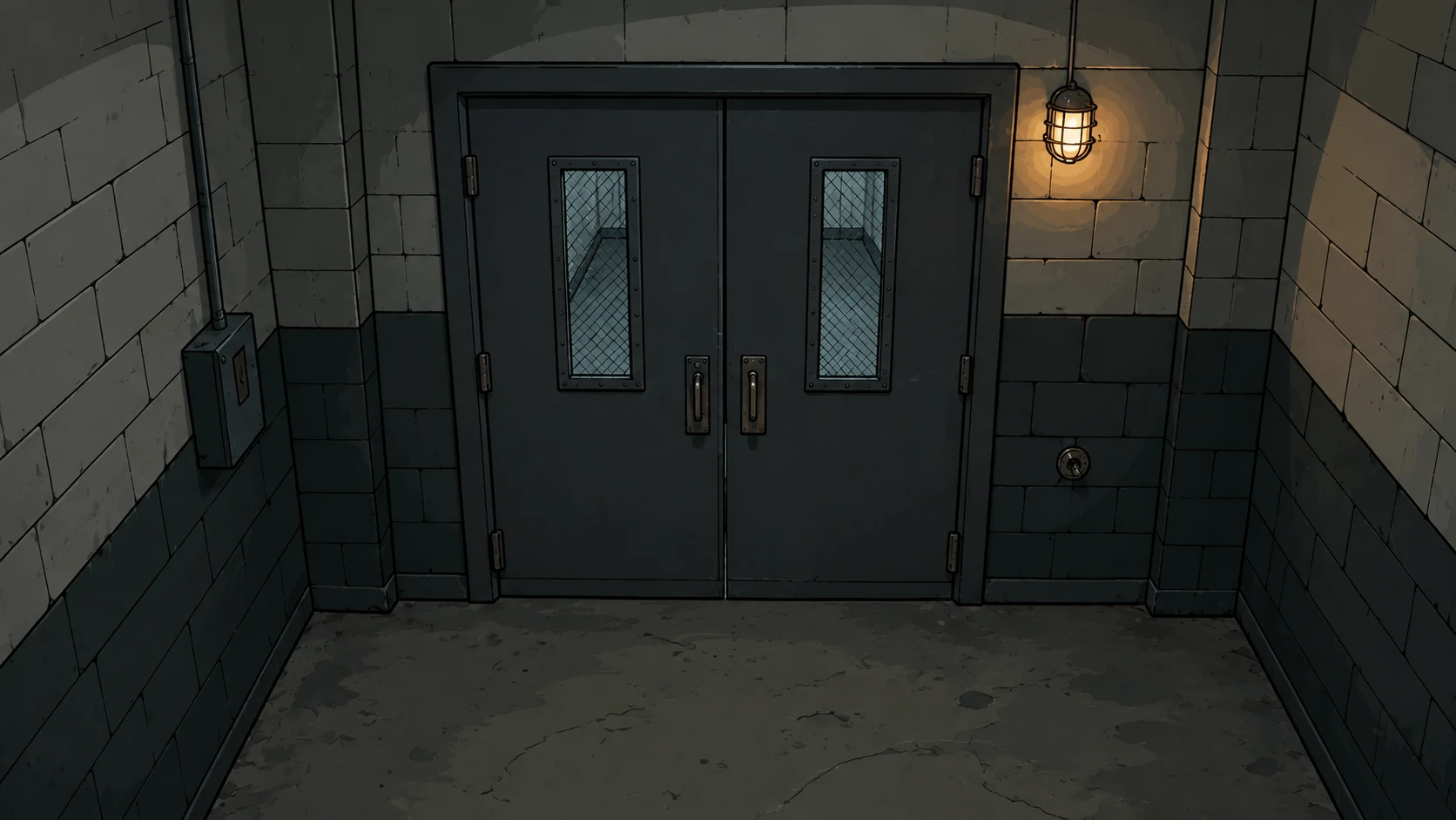 Heavy closed steel exit doors drawn in a dark cartoon style, under an amber security light.